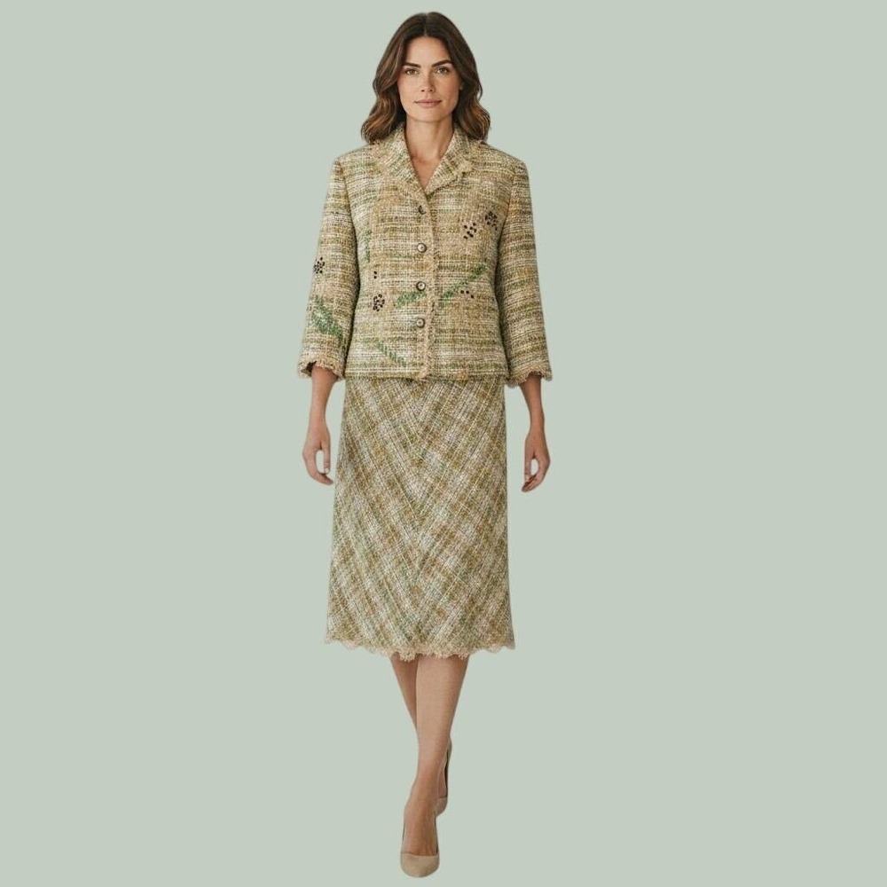 Rickie Freeman x Teri Jon Tweed Skirt Suit Set Earthy Lace Floral Embroidery VTG
